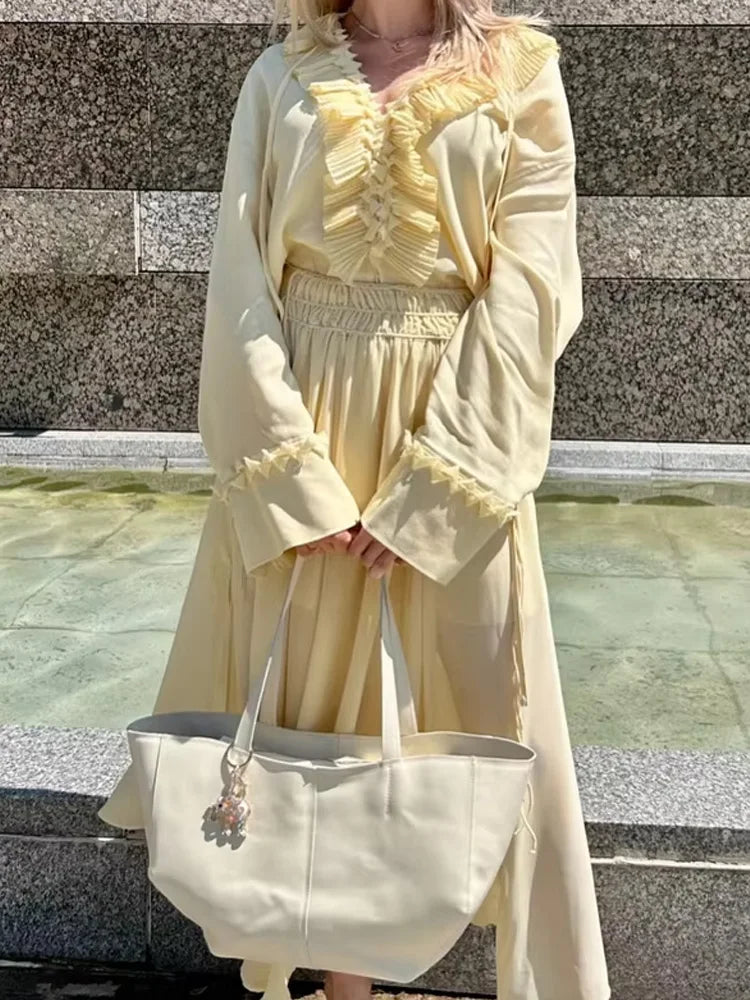 HH Women Summer Fashion Skirt Suit V-Neck Long Sleeves Tierred Decoration Lace-Up Shirts+Side Zipper Circular Chiffon Skirt