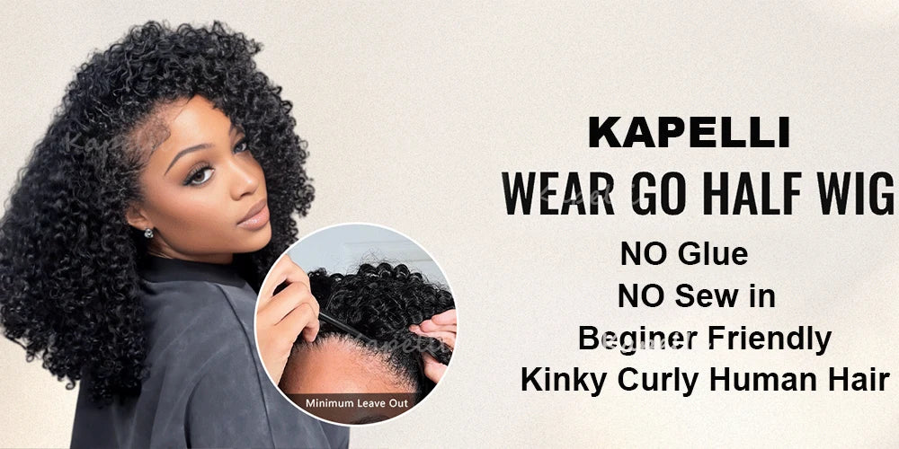 Half Wig Human Hair Wigs 180% Half Wig Kinky Curly Human Hair Wigs 3 In 1 Invisible Hairline Wear Go With Drawstring Seamless