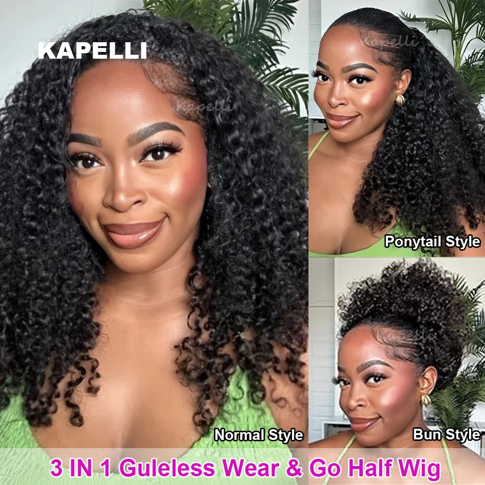 Half Wig Human Hair Wigs 180% Half Wig Kinky Curly Human Hair Wigs 3 In 1 Invisible Hairline Wear Go With Drawstring Seamless