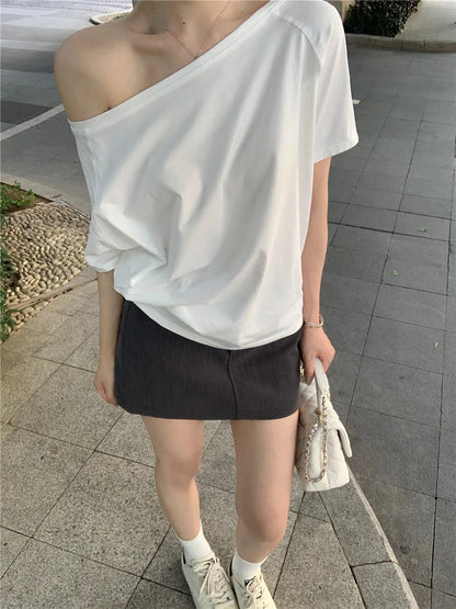 2026 Summer Off Shoulder T-shirt Women Sexy Y2K Korean Fashion Crop Tops Woman Vintage Japanese White Tee Shirt Femme Clothes