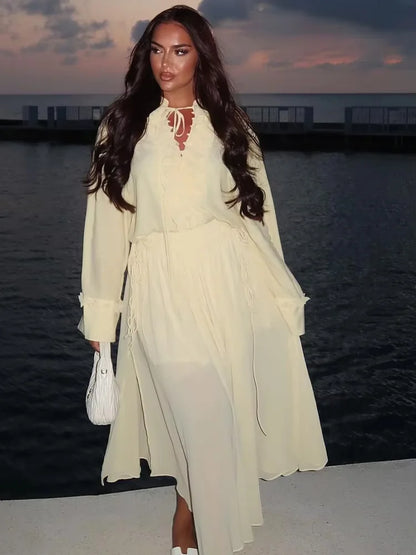 HH Women Summer Fashion Skirt Suit V-Neck Long Sleeves Tierred Decoration Lace-Up Shirts+Side Zipper Circular Chiffon Skirt