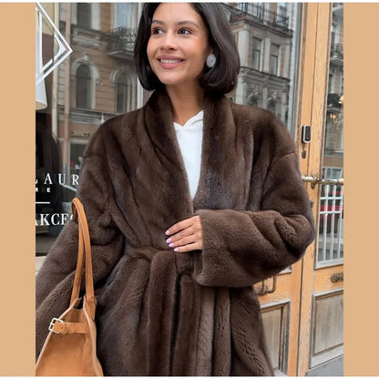 Brown Medium-length Fur Coat Women Lapel Hidden Button Loose  Elegant Outerwear 2025 Fashion Office Lady Commute Overcoat New