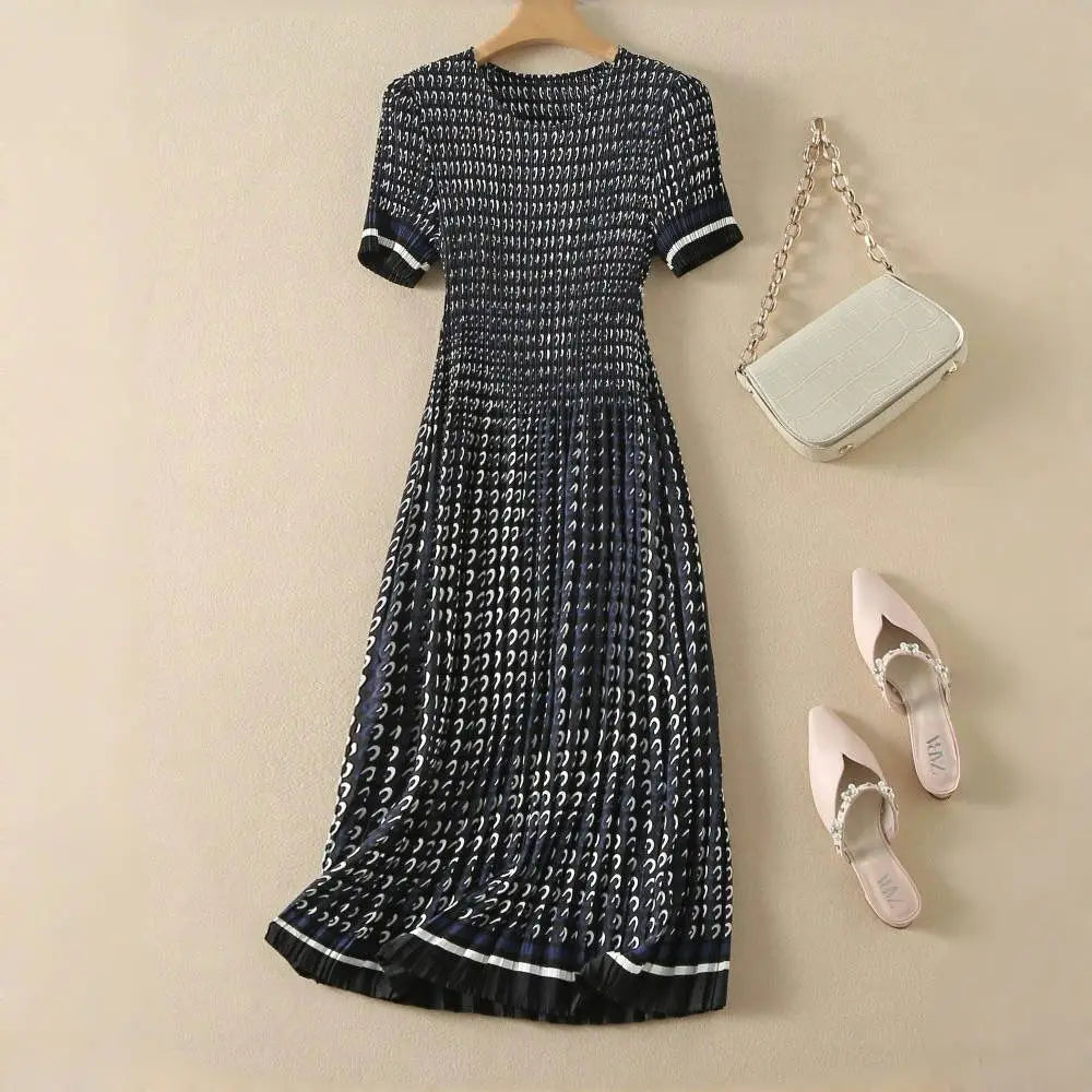 Pleated dress, women's waist collection, short sleeved floral long skirt, elegant 2024 summer new style DRESS