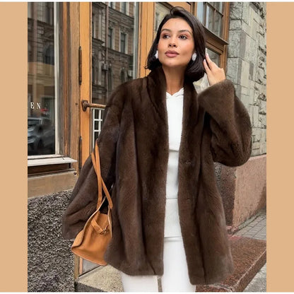 Brown Medium-length Fur Coat Women Lapel Hidden Button Loose  Elegant Outerwear 2025 Fashion Office Lady Commute Overcoat New