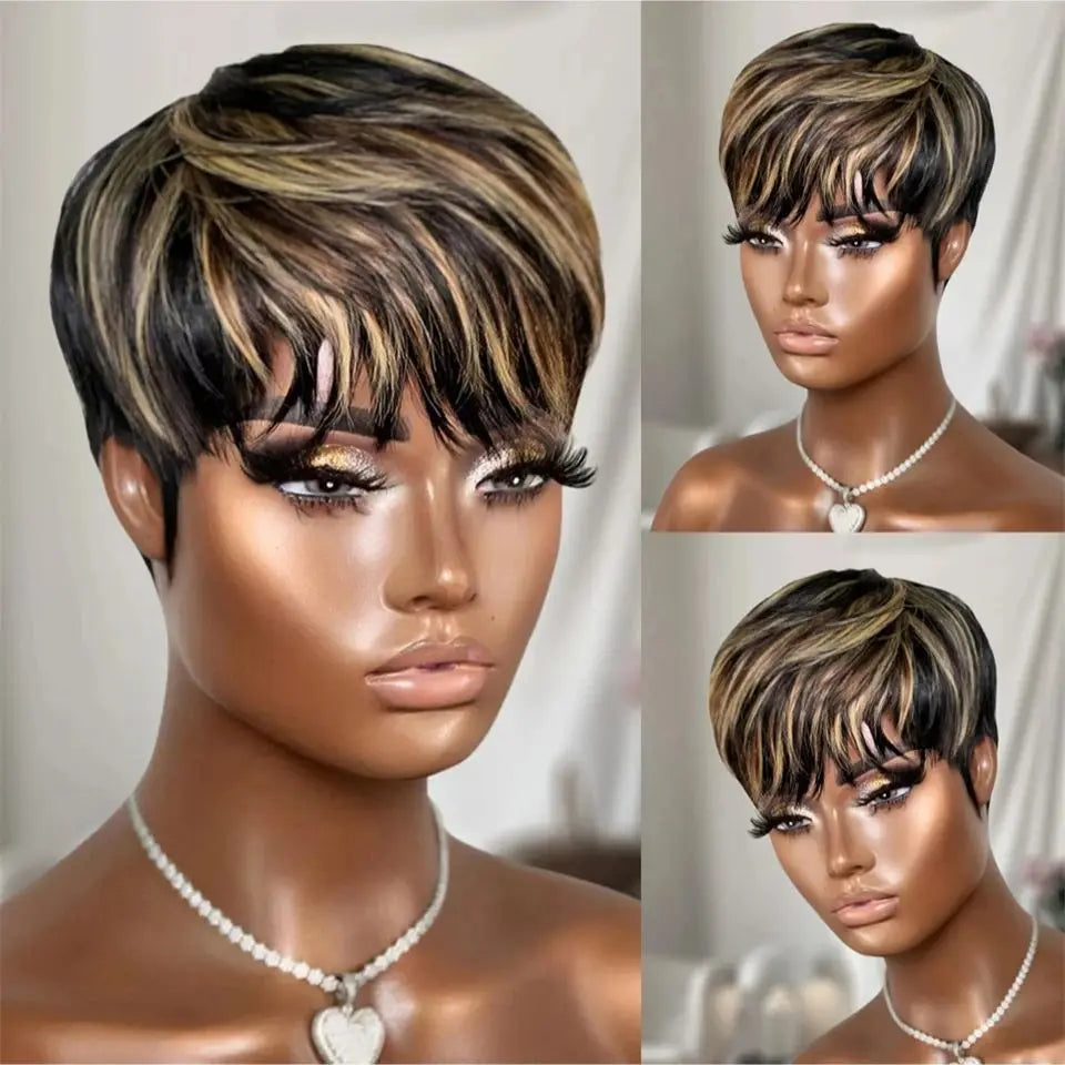Highlight Wig Human Hair P1b/30# Color Short Pixie Cut Wigs with Bangs Layered Cut Annime Cosplay Costume  Wigs Machine Made
