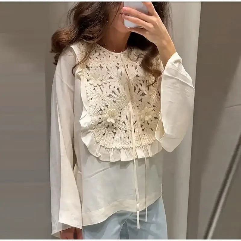 Chic Flared Sleeves O Neck Loose Lace Up Shirt Mini Skirts Elegant Floral Embroidered Skirt Set for Women Summer Lady 2 Pcs Suit