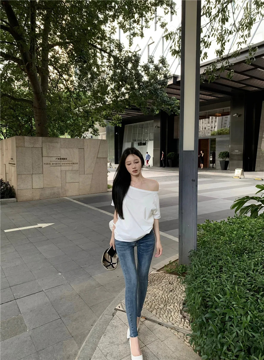 2026 Summer Off Shoulder T-shirt Women Sexy Y2K Korean Fashion Crop Tops Woman Vintage Japanese White Tee Shirt Femme Clothes