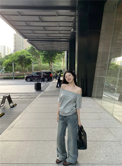 2026 Summer Off Shoulder T-shirt Women Sexy Y2K Korean Fashion Crop Tops Woman Vintage Japanese White Tee Shirt Femme Clothes