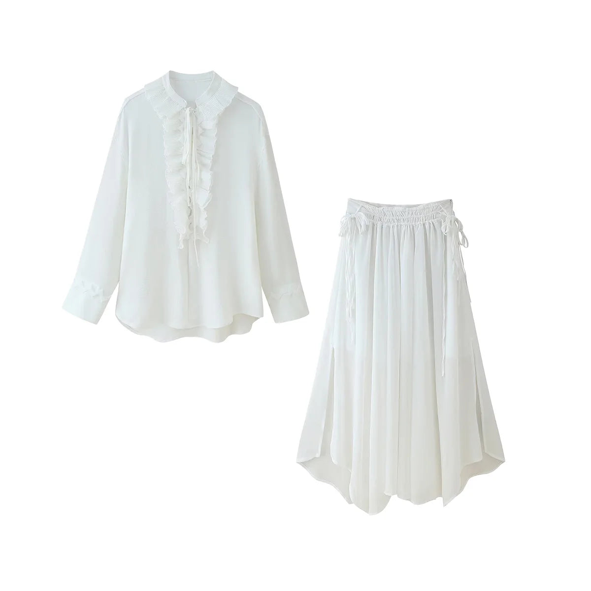 HH Women Summer Fashion Skirt Suit V-Neck Long Sleeves Tierred Decoration Lace-Up Shirts+Side Zipper Circular Chiffon Skirt