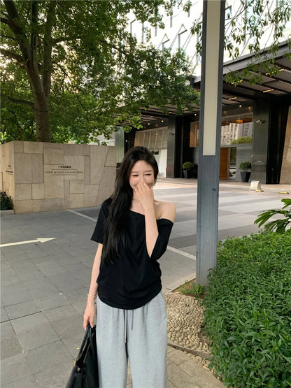 2026 Summer Off Shoulder T-shirt Women Sexy Y2K Korean Fashion Crop Tops Woman Vintage Japanese White Tee Shirt Femme Clothes