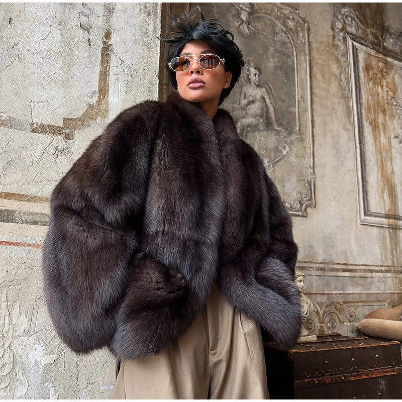 Brown Medium-length Fur Coat Women Lapel Hidden Button Loose  Elegant Outerwear 2025 Fashion Office Lady Commute Overcoat New