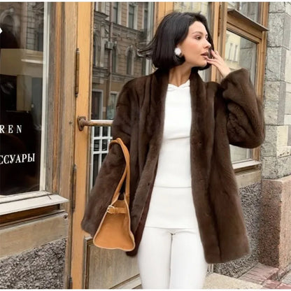 Brown Medium-length Fur Coat Women Lapel Hidden Button Loose  Elegant Outerwear 2025 Fashion Office Lady Commute Overcoat New