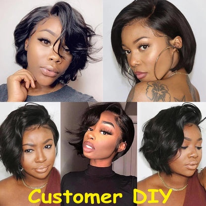 100% Human Hair 13X1 Short Pixie Cut Wigs Straight Bob HD Transparent Lace Frontal Wigs For Black Women 250Density Perruque