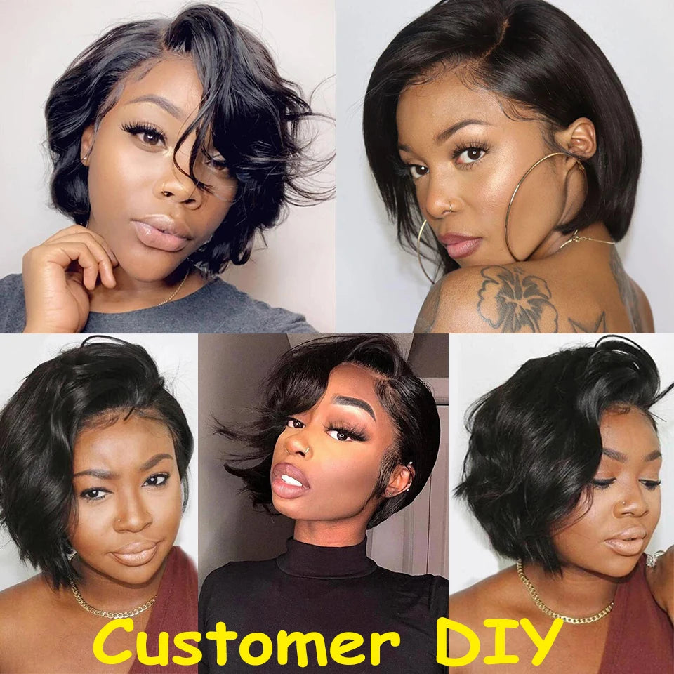 100% Human Hair 13X1 Short Pixie Cut Wigs Straight Bob HD Transparent Lace Frontal Wigs For Black Women 250Density Perruque