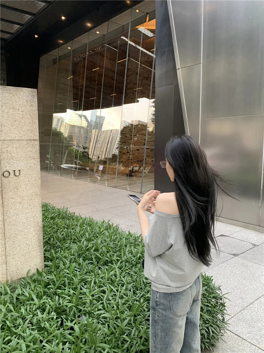 2026 Summer Off Shoulder T-shirt Women Sexy Y2K Korean Fashion Crop Tops Woman Vintage Japanese White Tee Shirt Femme Clothes