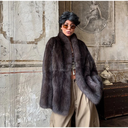 Brown Medium-length Fur Coat Women Lapel Hidden Button Loose  Elegant Outerwear 2025 Fashion Office Lady Commute Overcoat New