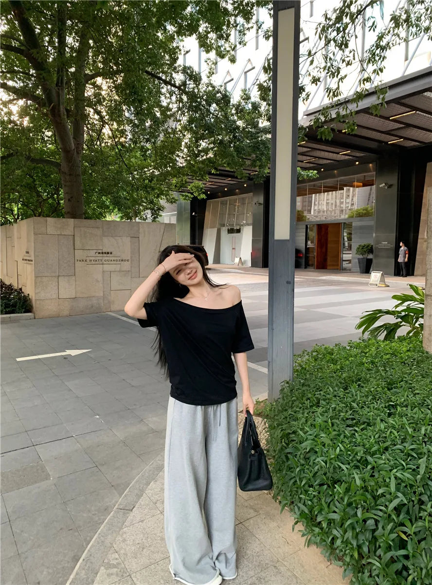 2026 Summer Off Shoulder T-shirt Women Sexy Y2K Korean Fashion Crop Tops Woman Vintage Japanese White Tee Shirt Femme Clothes