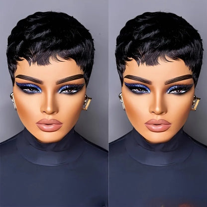 Human Hair Wigs for Women - Short Layered Pixie Cut with Bangs, 1B Color 150% Density Full Machine-Made Wig