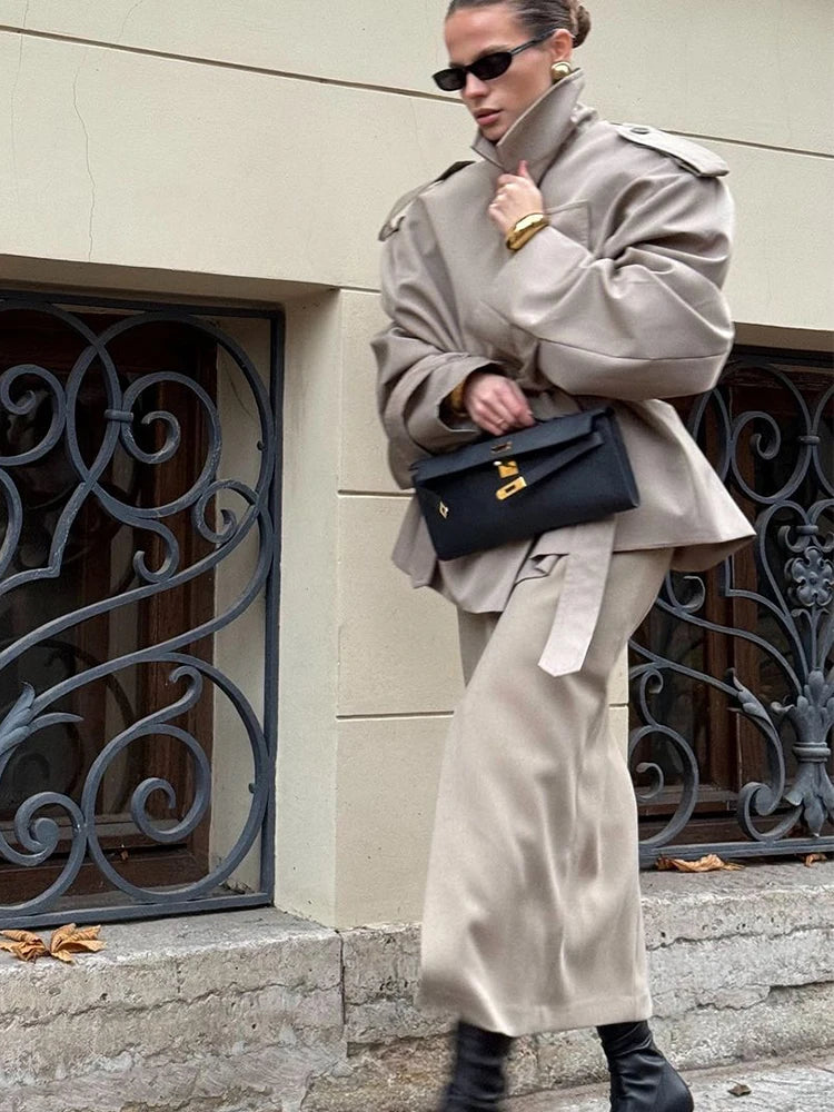 Solid Lapel Lace Up Jacket Elegant Chic Full Sleeve Button Loose Long Coat For Women Office Lady Daily Commute Overcoat 2026 New