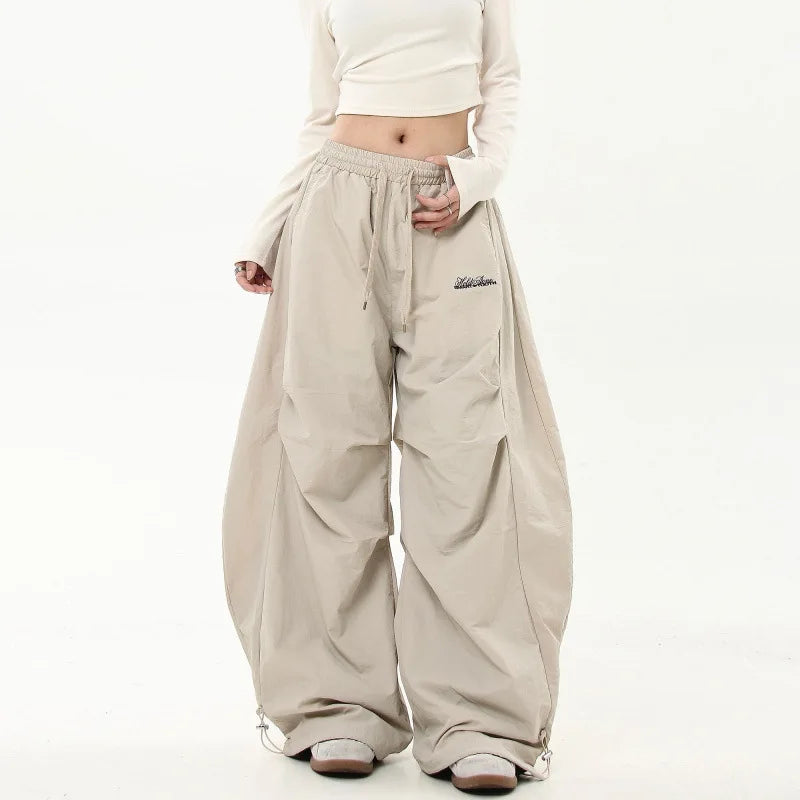 American retro high-end pleated paratrooper work pants, loose wide leg banana curved knife pants, high waisted drawstring pants