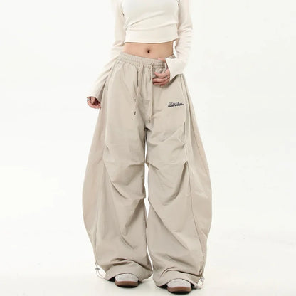 American retro high-end pleated paratrooper work pants, loose wide leg banana curved knife pants, high waisted drawstring pants