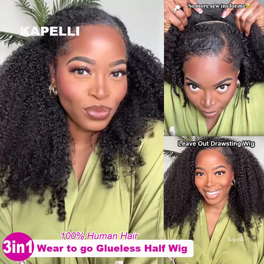 Half Wig Human Hair Wigs 180% Half Wig Kinky Curly Human Hair Wigs 3 In 1 Invisible Hairline Wear Go With Drawstring Seamless