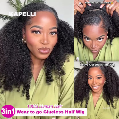 Half Wig Human Hair Wigs 180% Half Wig Kinky Curly Human Hair Wigs 3 In 1 Invisible Hairline Wear Go With Drawstring Seamless