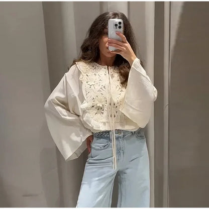 Chic Flared Sleeves O Neck Loose Lace Up Shirt Mini Skirts Elegant Floral Embroidered Skirt Set for Women Summer Lady 2 Pcs Suit