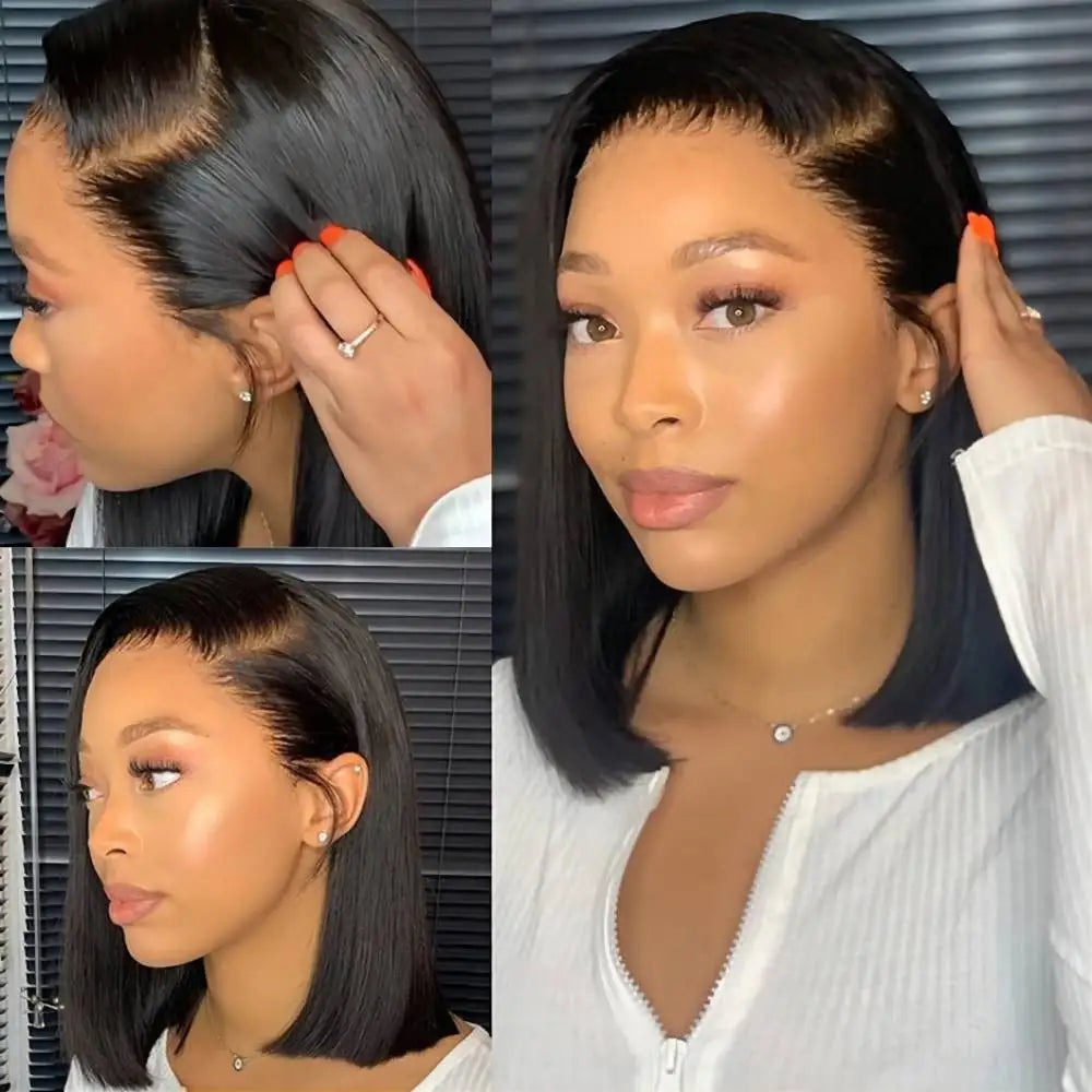 13x4 Bob Brazilian Remy Hair 220% Density Bob Wigs Straight Human Hair Lace Front Wigs Pre-plucked Lace Front Wigs 14 inch