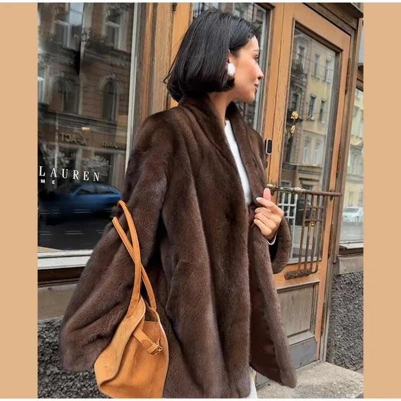 Brown Medium-length Fur Coat Women Lapel Hidden Button Loose  Elegant Outerwear 2025 Fashion Office Lady Commute Overcoat New