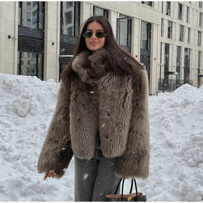 Brown Medium-length Fur Coat Women Lapel Hidden Button Loose  Elegant Outerwear 2025 Fashion Office Lady Commute Overcoat New