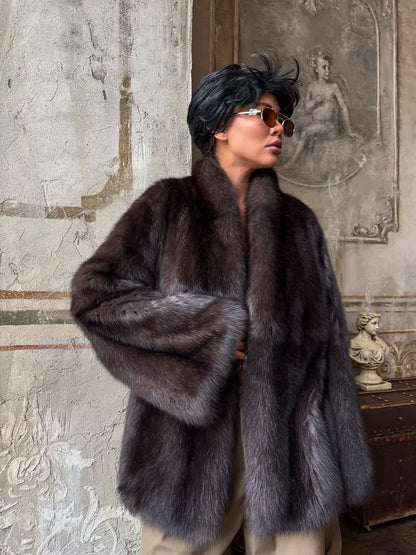 Brown Medium-length Fur Coat Women Lapel Hidden Button Loose  Elegant Outerwear 2025 Fashion Office Lady Commute Overcoat New