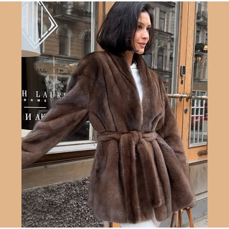 Brown Medium-length Fur Coat Women Lapel Hidden Button Loose  Elegant Outerwear 2025 Fashion Office Lady Commute Overcoat New