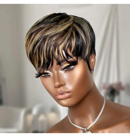 Highlight Wig Human Hair P1b/30# Color Short Pixie Cut Wigs with Bangs Layered Cut Annime Cosplay Costume  Wigs Machine Made
