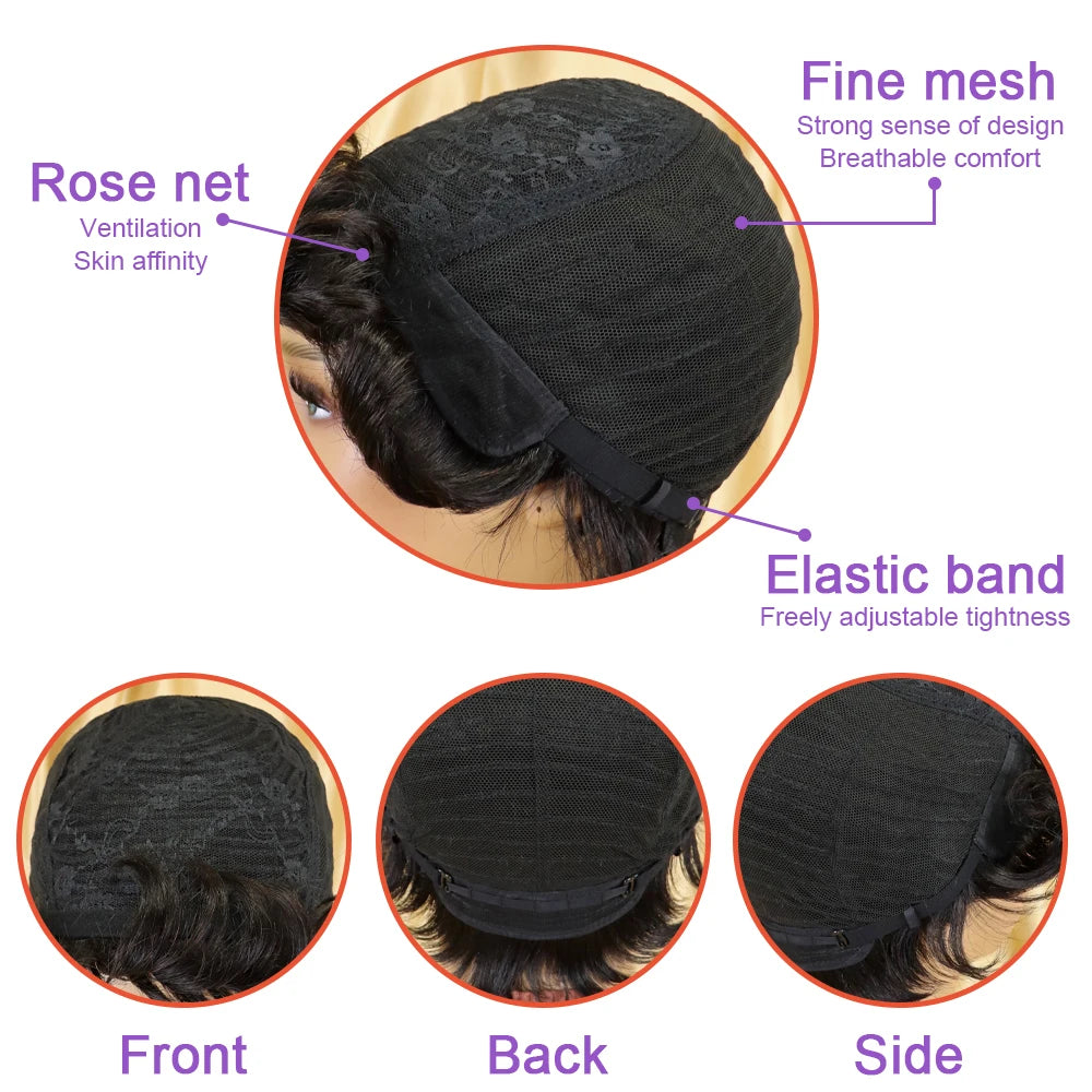 Human Hair Wigs for Women - Short Layered Pixie Cut with Bangs, 1B Color 150% Density Full Machine-Made Wig