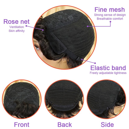 Human Hair Wigs for Women - Short Layered Pixie Cut with Bangs, 1B Color 150% Density Full Machine-Made Wig