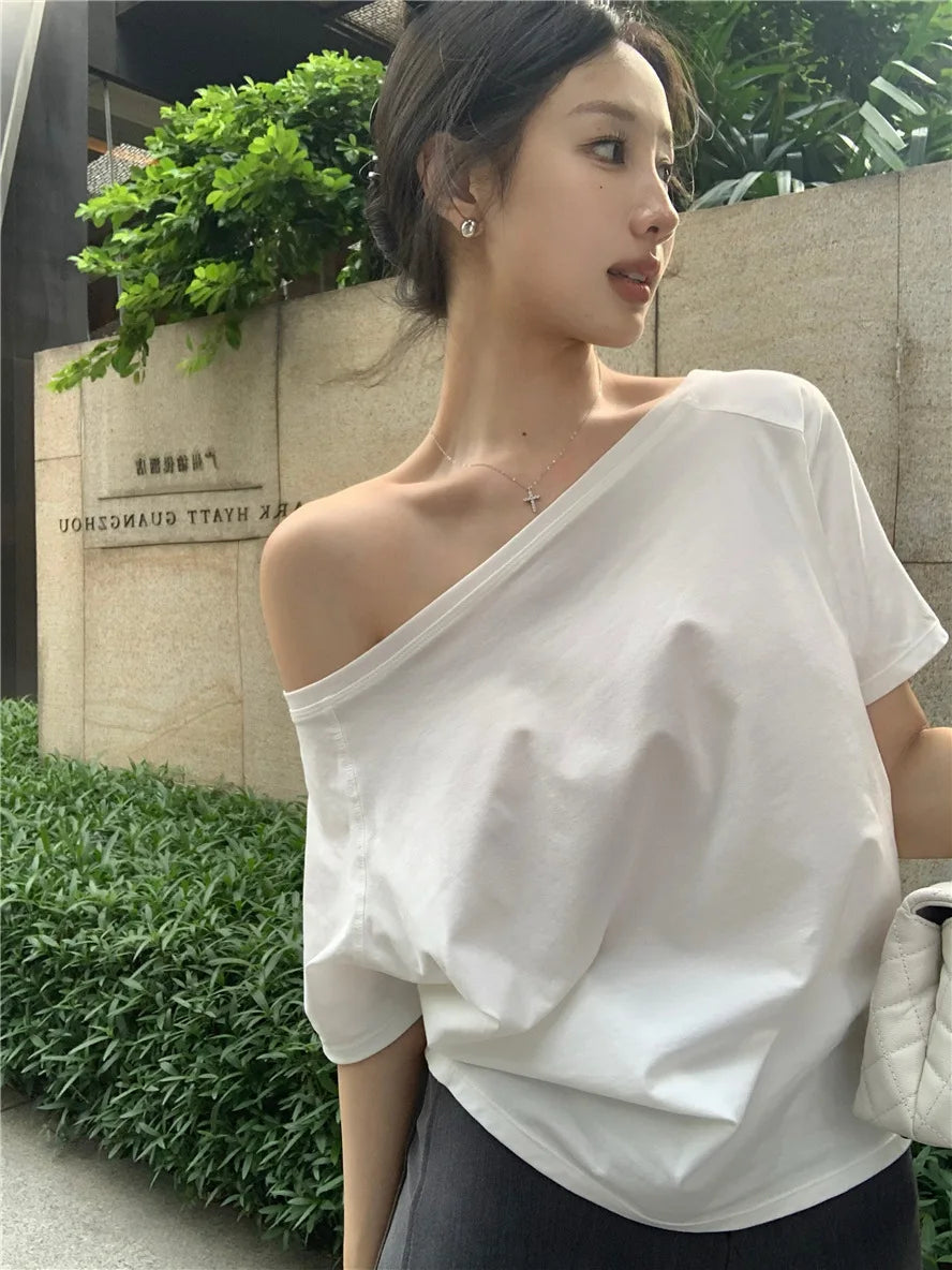 2026 Summer Off Shoulder T-shirt Women Sexy Y2K Korean Fashion Crop Tops Woman Vintage Japanese White Tee Shirt Femme Clothes