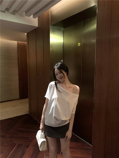 2026 Summer Off Shoulder T-shirt Women Sexy Y2K Korean Fashion Crop Tops Woman Vintage Japanese White Tee Shirt Femme Clothes