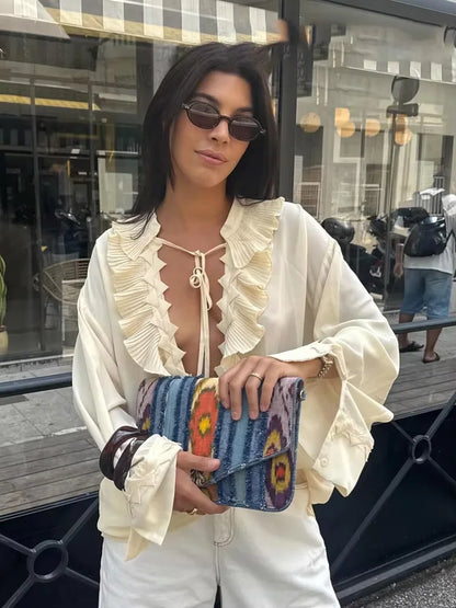 HH Women Summer Fashion Skirt Suit V-Neck Long Sleeves Tierred Decoration Lace-Up Shirts+Side Zipper Circular Chiffon Skirt