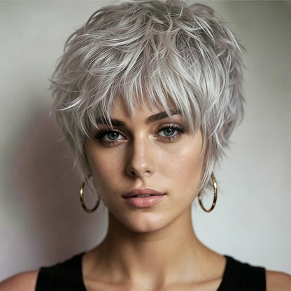 Silver Grey Pixie Wigs Human Hair 100% Full Machine Made Wigs Human Hair Natural Realistic No Tangle Wig For Women Pre Plucked