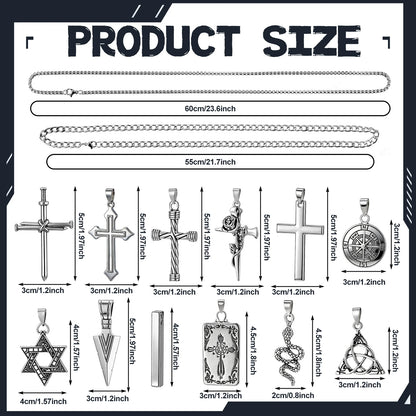12 Sets Necklaces for Men Stainless Steel Jewelry Set Cross Pendant Necklace Simple Jewelry Gifts Chain Necklace for Men