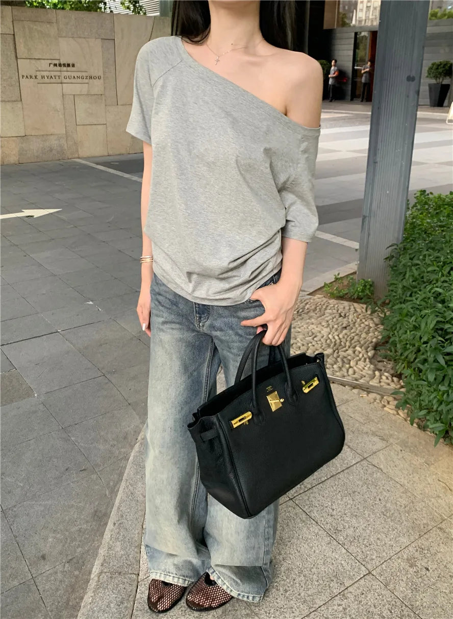 2026 Summer Off Shoulder T-shirt Women Sexy Y2K Korean Fashion Crop Tops Woman Vintage Japanese White Tee Shirt Femme Clothes