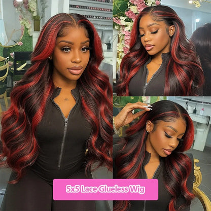 Highlight 5x5 Glueless Wigs Human Hair Pre Plucked Pre Cut Black Hair With Red highlight Body Wave Wigs Human Hair 200% Density